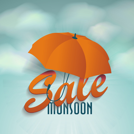 Creative Sale Design Of Monsoon Offer With 3D Word SALE and Umbrella on the sky with clouds.のイラスト素材