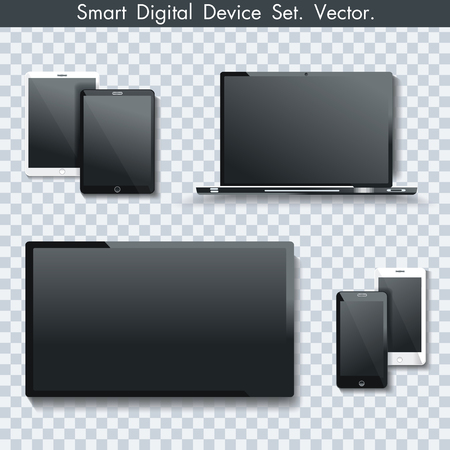 Realistic set of TV panel, computer monitor, laptop, tablet pc and  smartphone on transparent background.のイラスト素材