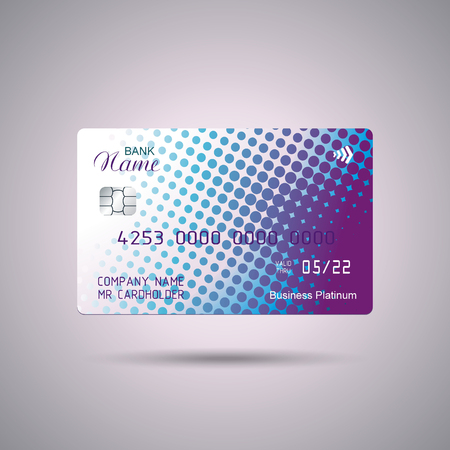 Credit card bright blue and purple design  with  shadow. Detailed abstract glossy credit card concept  for business, payment history, shopping malls, web, print.のイラスト素材