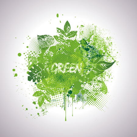Nature background with green ink blots and fresh leaves.のイラスト素材