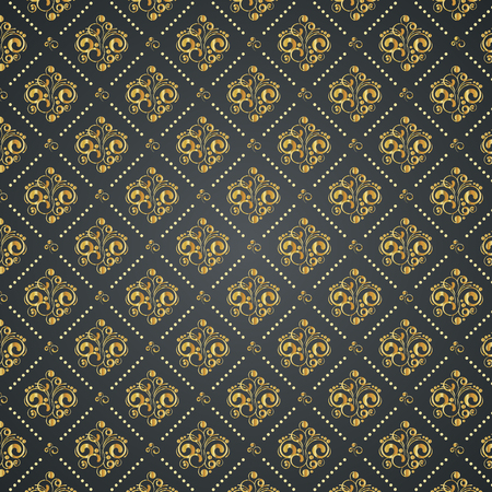 Vintage wallpaper with golden elements on black, vector background.のイラスト素材