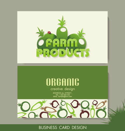 Card set eco design, organic foods shop or vegan cafe business card  with vegetables and fruits doodle background.のイラスト素材