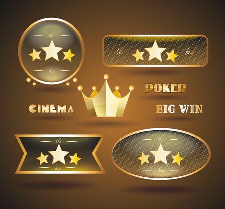 Gold sign set for online casino, poker, roulette, slot machines, card games, cinema, hotel. Vector design template.のイラスト素材