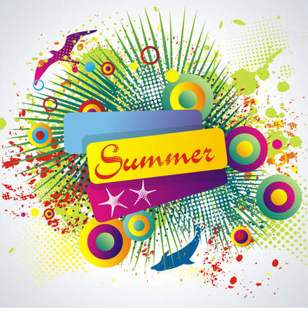 SUMMER banner on abstract blot, spot background. Ink drop with palm branches. Water color.Illustration texture for relax design.のイラスト素材