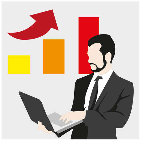 Young business men. vector illustration banner. planning project marketing strategy concept. sharing ideas, preparing presentations, coaching men using laptop. flat cartoon design. Vector EPS 10のイラスト素材