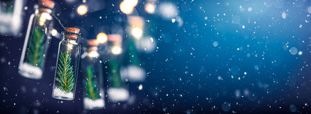 Mini Jar Ornaments With A Sprig Of Evergreen Tree In A Snowy Winter Night - Christmas, New Year And Winter Backgroundの写真素材