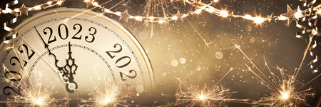 2023 New Year - Vintage Clock Showing Countdown To Midnight On Abstract Defocused Background With...
