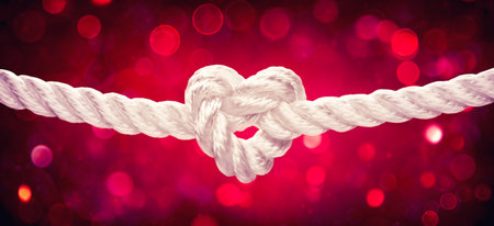 White Rope With Heart Shape Knot On Red Bokeh Background - Tie The Knot - Marriage And Valentine Conceptの写真素材