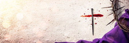 Cross Made With Blood And Nail On Arid Dirt Floor With Crown Of Thorns And Purple Robe - The...