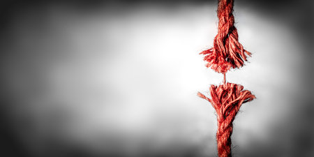 Frayed Red Rope Hanging By Last Thread On Black And White Background. Hope concept