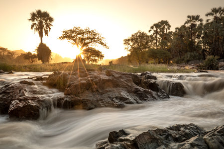 Early morning light at Epupa Falls, Kunene River, Kaokoland, Namibia.の写真素材