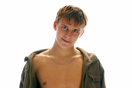 lad in jeans and jacket over whiteの写真素材