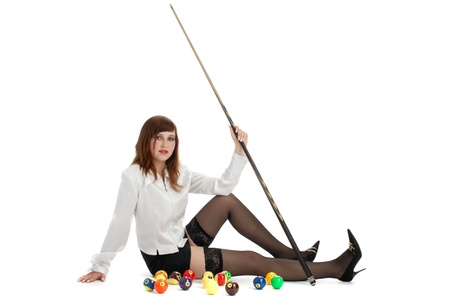 billiard-girl with billiard-balls isolated on white