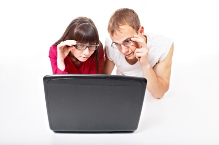 man and woman in office with computer on white backgroundの写真素材