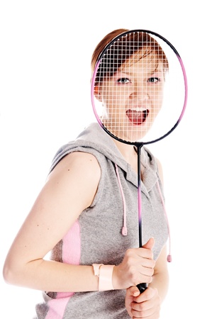 woman with racket isolated on whiteの写真素材