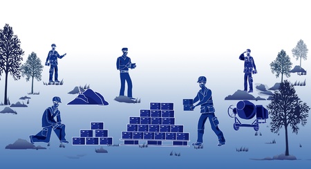 various construction workers to work for the construction of residential housing in a cityの写真素材