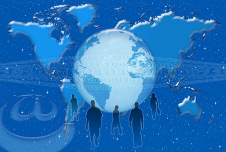 Communication and Internet networks on planet earth to air space on the base map of the world and digital systemの写真素材