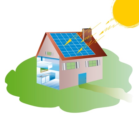 solar house equipped with photovoltaic panelsの写真素材