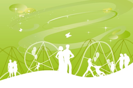 drawing of a theme park with rides and festivities for families with children playing ball near a big 8の写真素材