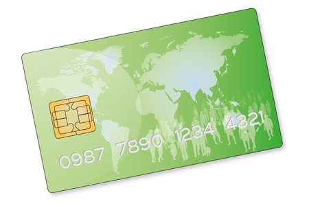 drawing of a green credit card with a crowd of people on a world mapの写真素材
