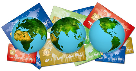 3 Earths Representing All Countries in the world cards payments by bank loansの写真素材