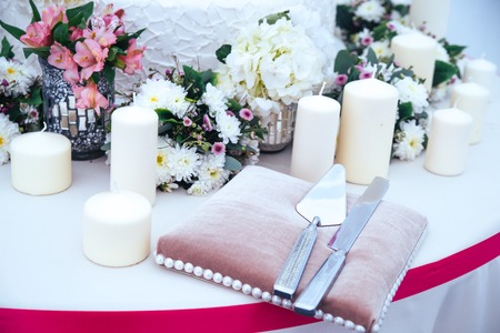 Table decor with beautiful flowers in vaseの写真素材