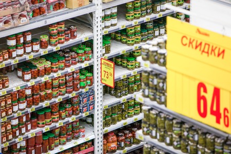 Russia, Omsk - January 22, 2015: Supermarket big store: miscellaneous product shelf and food on January 22th 2015 in Omskのeditorial素材