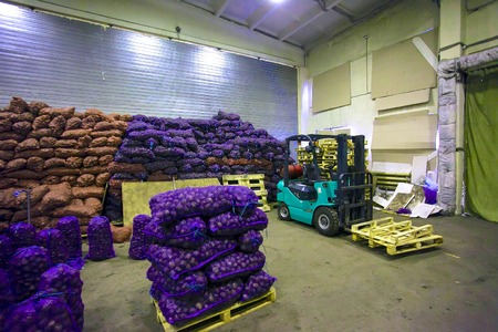 Bags and crates of potato in warehouse with forklift truck and palletes insideの写真素材