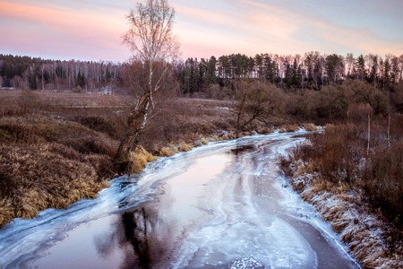 Winter or Spring river landscape with the trees and pastel light around as backgroundの写真素材