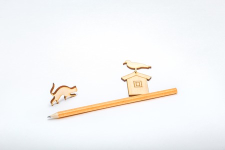 Miniature items - house ans cat - isolated on white backgroundの写真素材