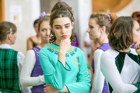 Omsk, Russia - August 22, 2015: International  competition of irish dance, girl dancer waitingのeditorial素材