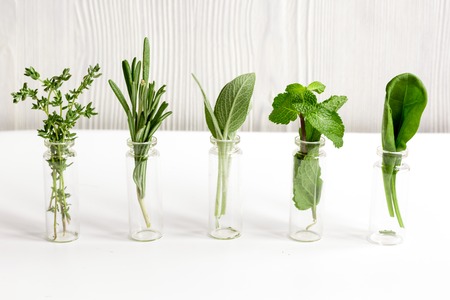 mint, sage, rosemary, thyme - glass bottles aromatherapy white background