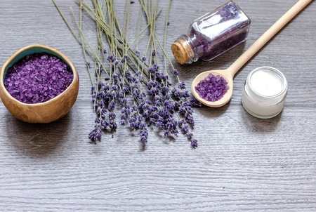 organic cosmetics with lavender on wooden background top view.の写真素材