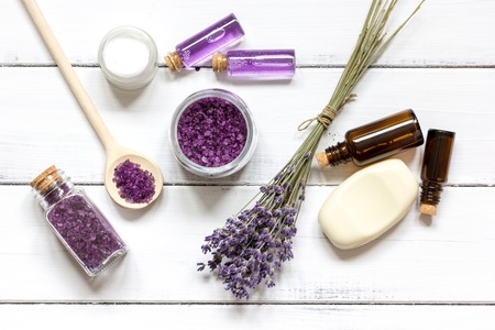 natural cosmetic with lavender top view on wooden backgroundの写真素材