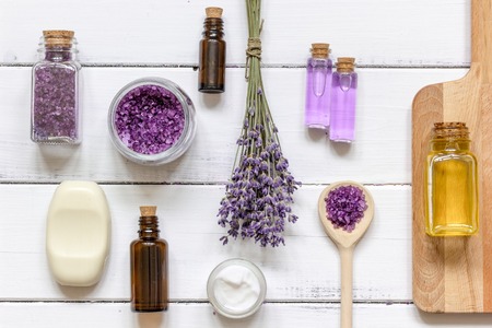 natural cosmetic with lavender top view on wooden backgroundの写真素材