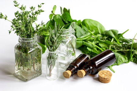 fresh summer herbs - aromatherapy at white background close upの写真素材