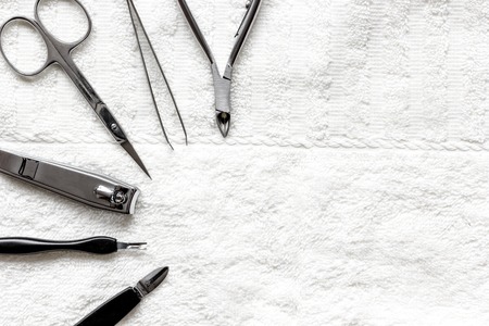 preparation for pedicure - tools on table top view.の写真素材