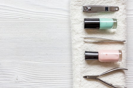 French manicure - preparing tools on wooden backround top view.の写真素材