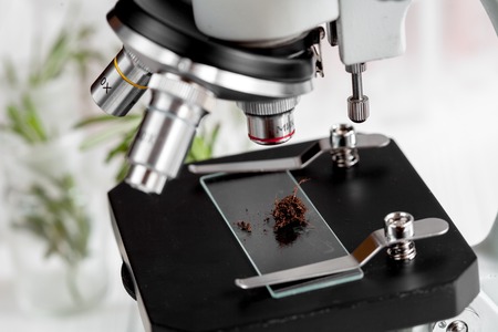 analysis of soil samples under microscope in laboratoryの写真素材