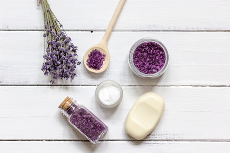 natural cosmetic with lavender top view on wooden backgroundの写真素材