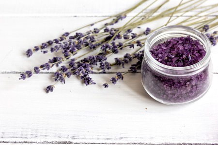 manufacture of homemade cosmetics with lavander on wooden background close upの写真素材
