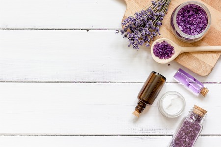 ingredients for manufacture of natural cosmetics with lavender top view on wooden backgroundの写真素材