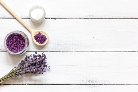 ingredients for manufacture of natural cosmetics with lavender top view on wooden backgroundの写真素材