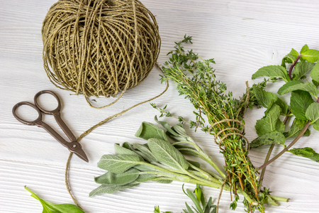 harvesting herbs - thyme for winter on wooden background close upの写真素材