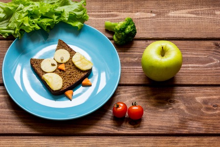 breakfast for child owl shaped sandwich on blue plate at wooden backgroundの写真素材