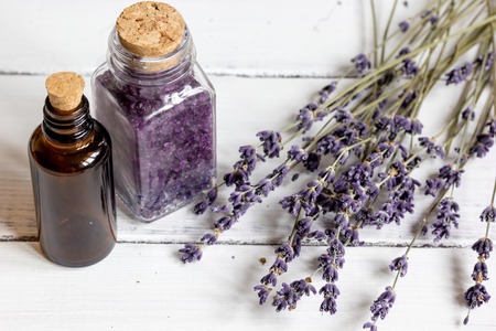 organic cosmetics with lavender on wooden background.の写真素材