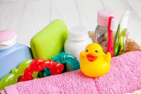 organic cosmetic for children for bath on wooden background close upの写真素材