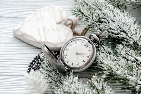 2017 new year on wooden background with watch close upの写真素材