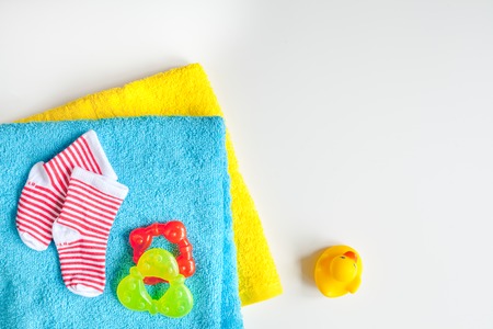 baby accessories for bath on white background top viewの写真素材