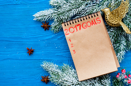 Plans for new year 2017 in blank open notebook on wooden background top viewの写真素材